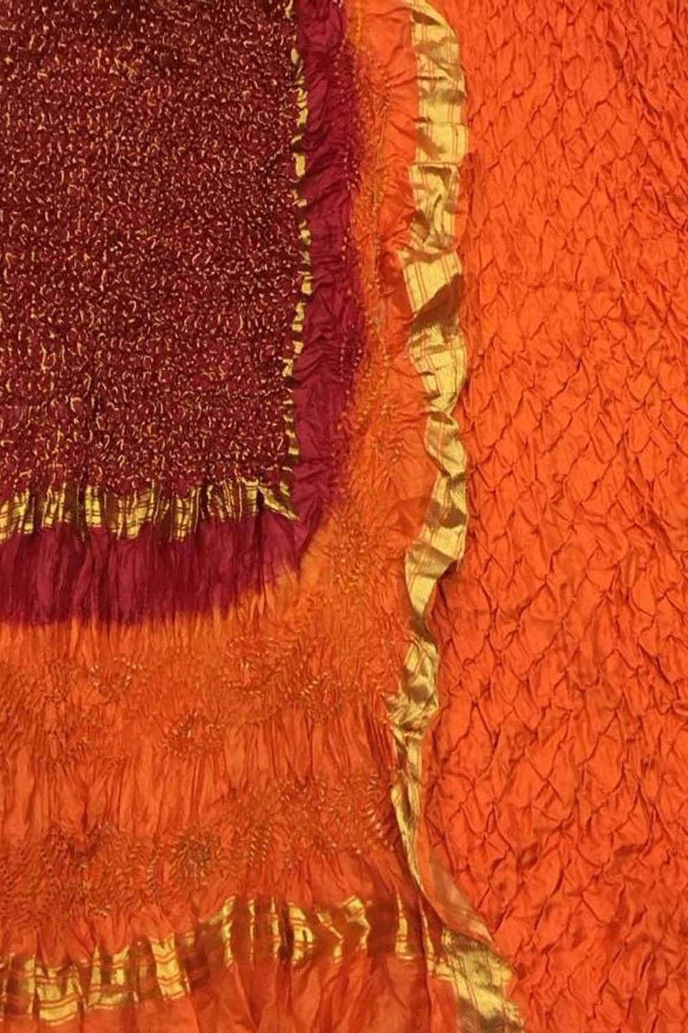 Vibrant Orange & Red Bandhani Pure Silk Suit: Unstitched Elegance - Luxurion World