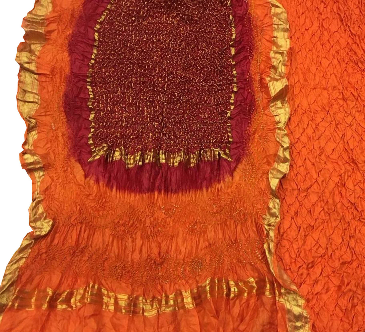 Vibrant Orange & Red Bandhani Pure Silk Suit: Unstitched Elegance - Luxurion World