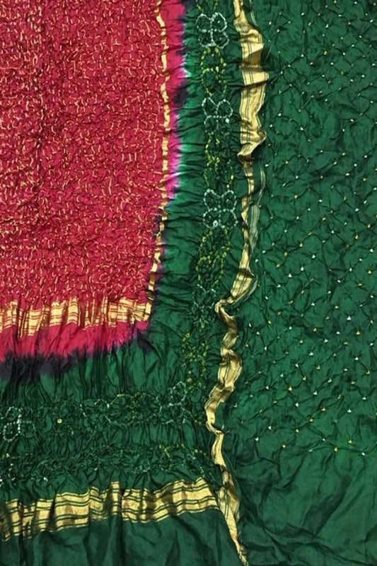 Stunning Green & Red Bandhani Pure Silk Suit: Unstitched Elegance - Luxurion World