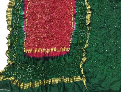 Stunning Green & Red Bandhani Pure Silk Suit: Unstitched Elegance - Luxurion World