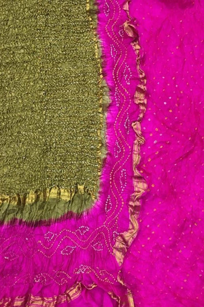 Stunning Pink & Green Bandhani Pure Silk Suit: Unstitched Elegance - Luxurion World