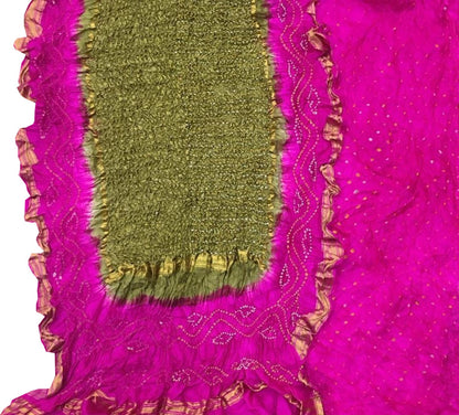 Stunning Pink & Green Bandhani Pure Silk Suit: Unstitched Elegance - Luxurion World