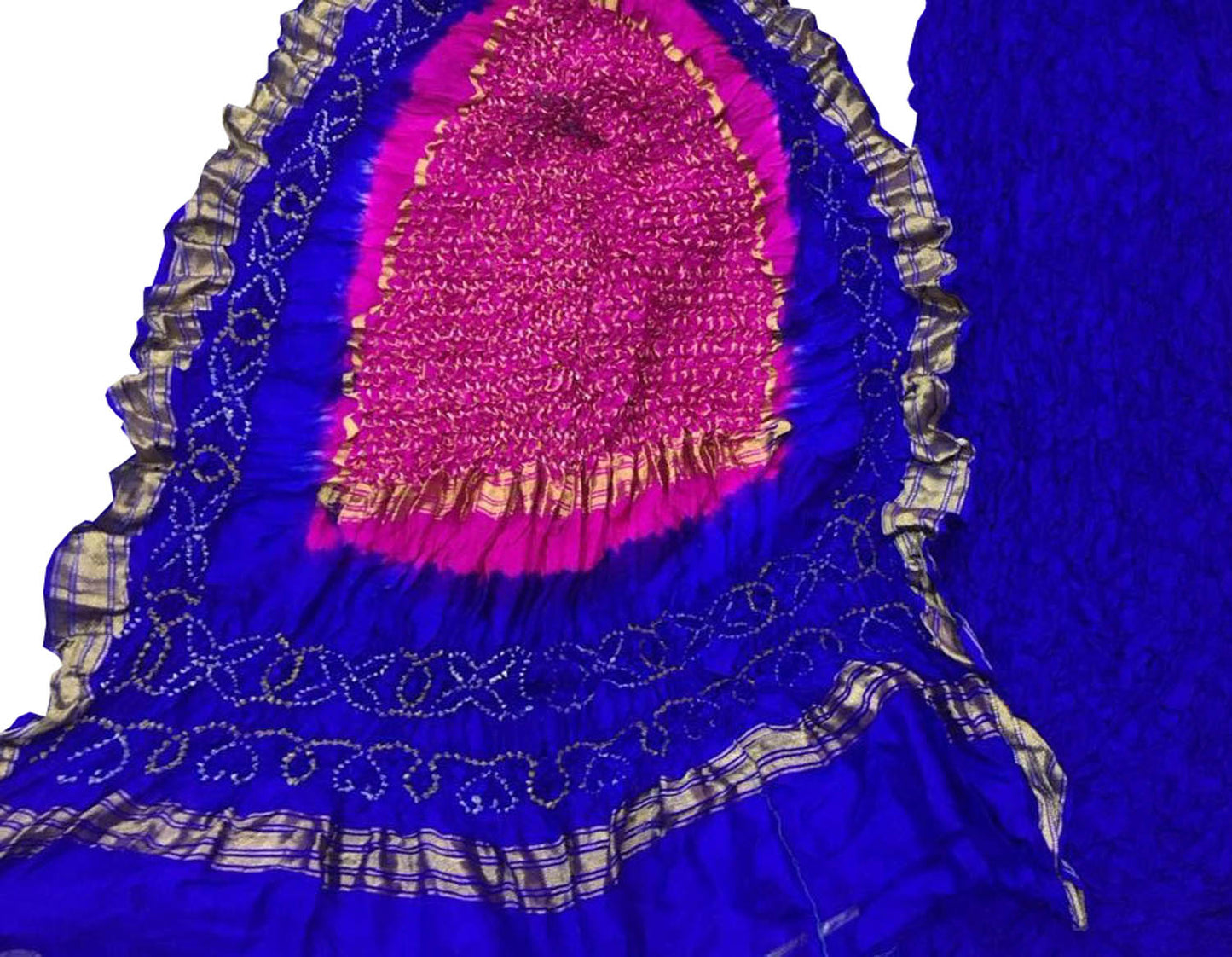 Stunning Blue and Pink Bandhani Silk Suit: Unstitched Elegance - Luxurion World