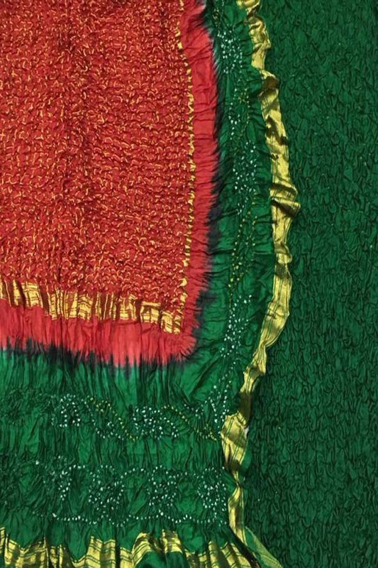 Stunning Green & Red Bandhani Silk Suit: Unstitched Elegance