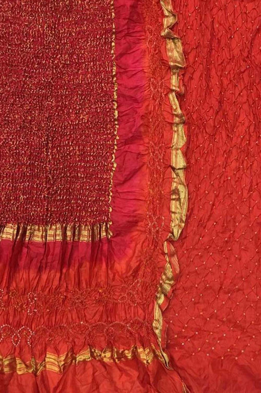Vibrant Orange & Red Bandhani Silk Suit: Unstitched Elegance