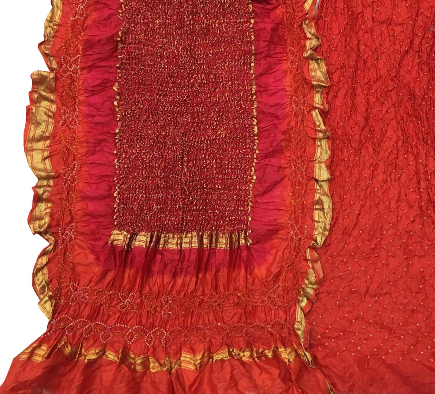 Vibrant Orange & Red Bandhani Silk Suit: Unstitched Elegance - Luxurion World