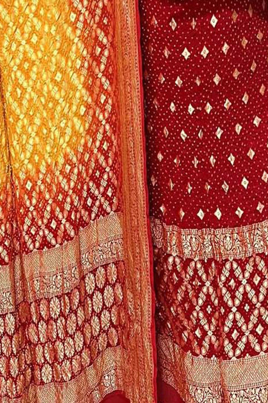 Red And Yellow Banarasi Bandhani Pure Georgette Three Piece Unstitched Suit Set