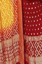 Red And Yellow Banarasi Bandhani Pure Georgette Three Piece Unstitched Suit Set - Luxurion World