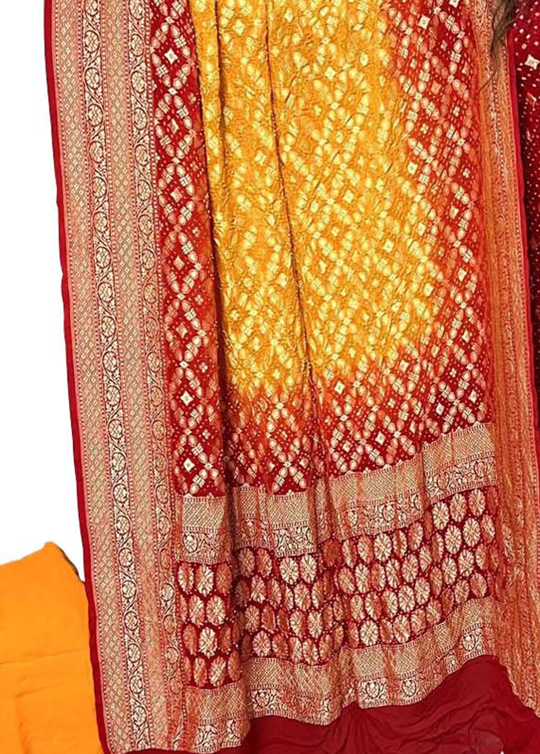 Red And Yellow Banarasi Bandhani Pure Georgette Three Piece Unstitched Suit Set - Luxurion World