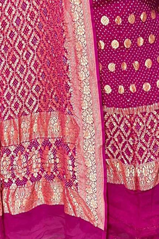 Pink Banarasi Bandhani Pure Georgette Three Piece Unstitched Suit Set - Luxurion World