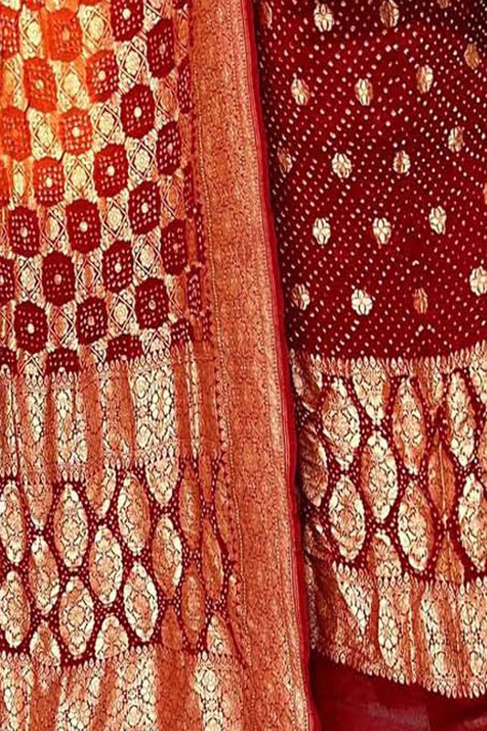 Red And Orange Banarasi Bandhani Pure Georgette Three Piece Unstitched Suit Set - Luxurion World