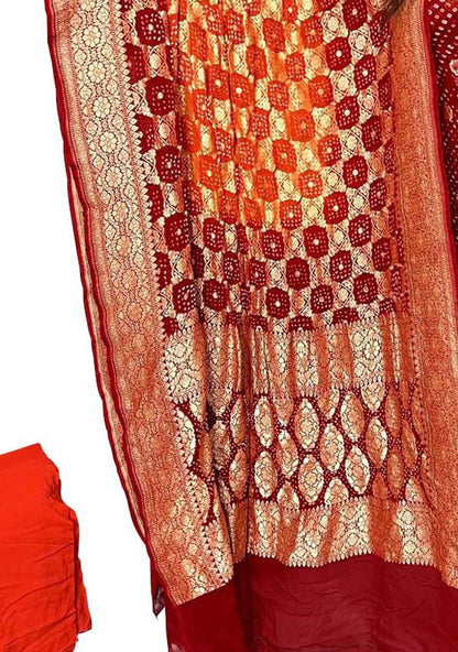 Red And Orange Banarasi Bandhani Pure Georgette Three Piece Unstitched Suit Set - Luxurion World