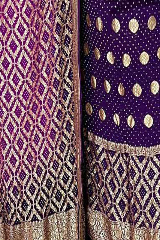 Purple Banarasi Bandhani Pure Georgette Three Piece Unstitched Suit Set - Luxurion World