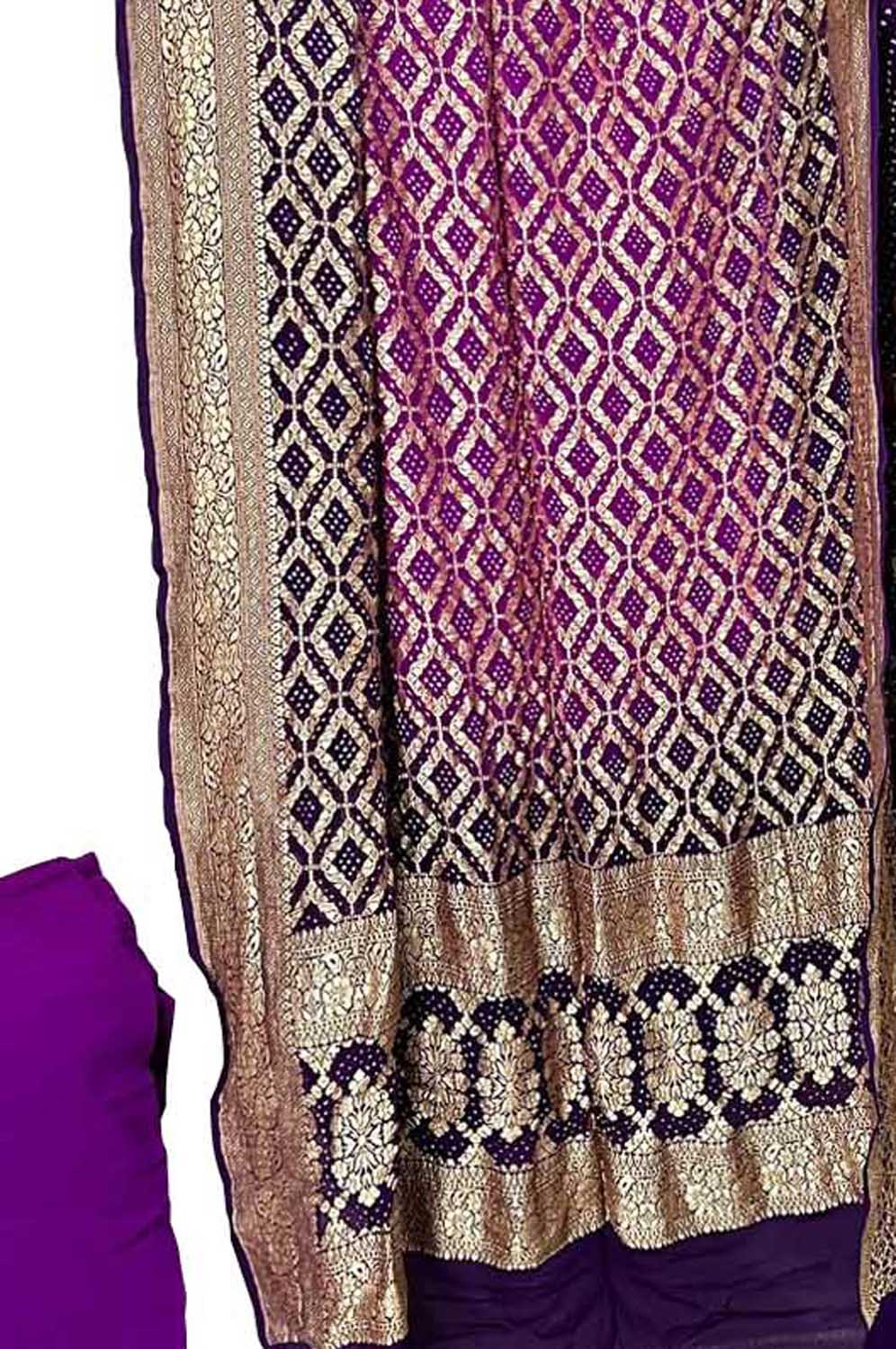 Purple Banarasi Bandhani Pure Georgette Three Piece Unstitched Suit Set - Luxurion World