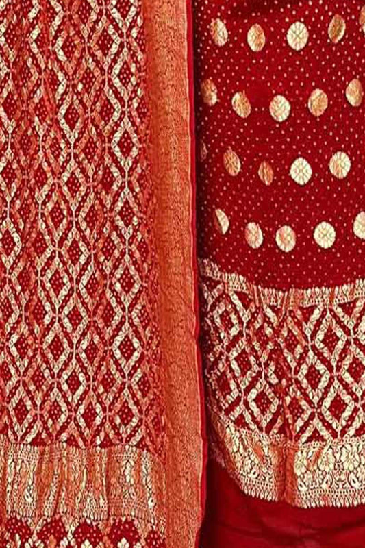 Red Banarasi Bandhani Pure Georgette Three Piece Unstitched Suit Set - Luxurion World