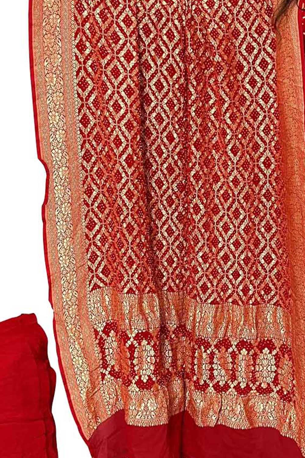 Red Banarasi Bandhani Pure Georgette Three Piece Unstitched Suit Set - Luxurion World