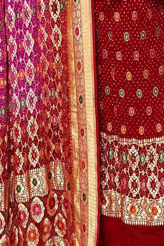 Red And Pink Banarasi Bandhani Pure Georgette Three Piece Unstitched Suit Set