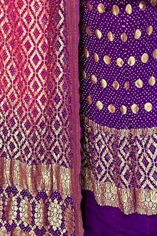 Purple And Pink Banarasi Bandhani Pure Georgette Three Piece Unstitched Suit Set - Luxurion World