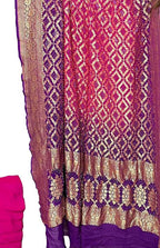 Purple And Pink Banarasi Bandhani Pure Georgette Three Piece Unstitched Suit Set - Luxurion World