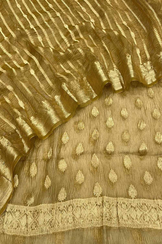 Elegant Golden Banarasi Crushed Tissue Silk Unstitched Suit - Luxurion World