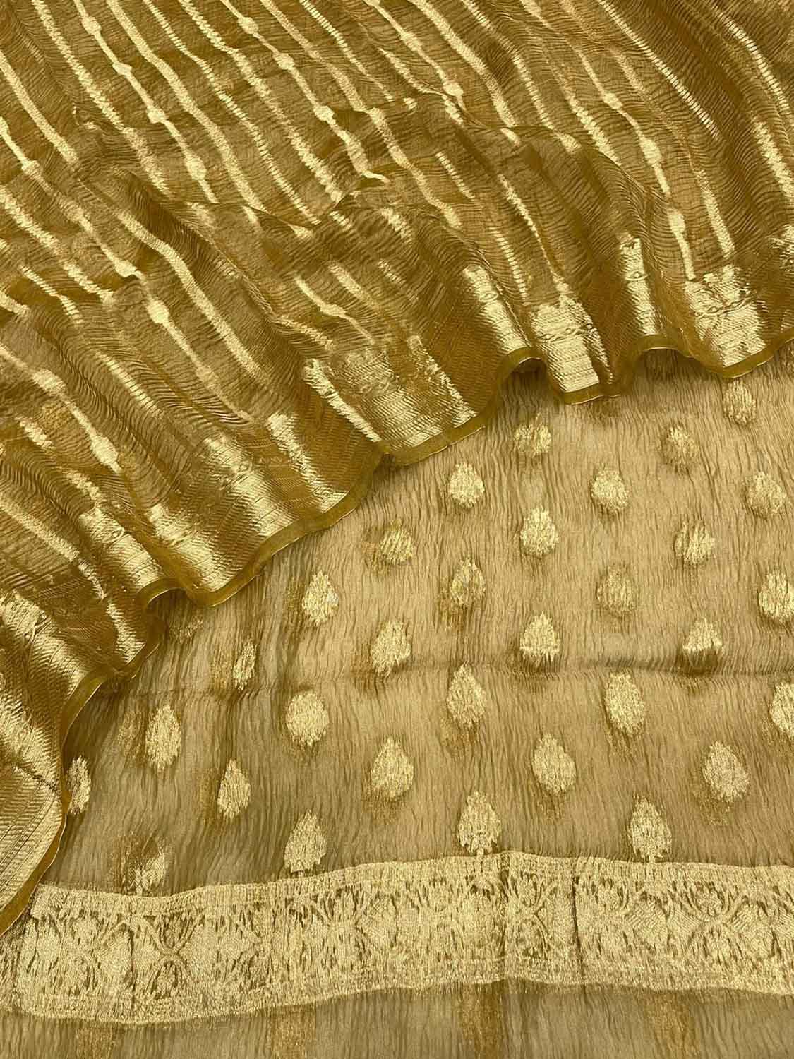 Elegant Golden Banarasi Crushed Tissue Silk Unstitched Suit - Luxurion World
