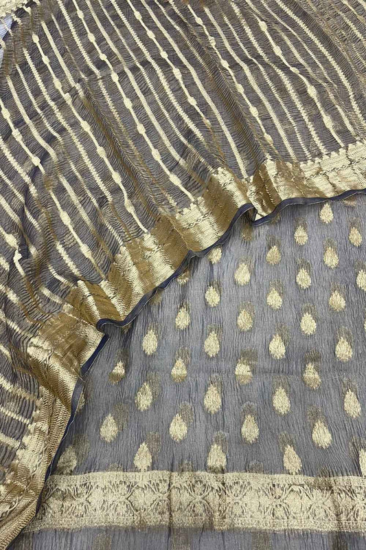 Elegant Grey Banarasi Crushed Tissue Silk Unstitched Suit - Luxurion World