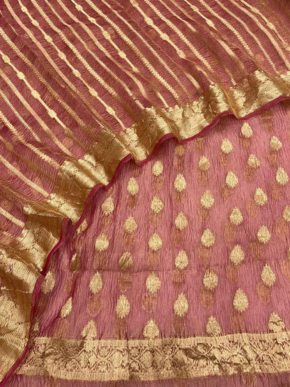 Elegant Pink Banarasi Crushed Tissue Silk Unstitched Suit - Luxurion World