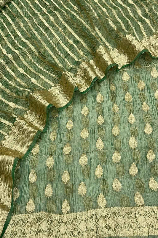 Elegant Green Banarasi Crushed Tissue Silk Unstitched Suit - Luxurion World