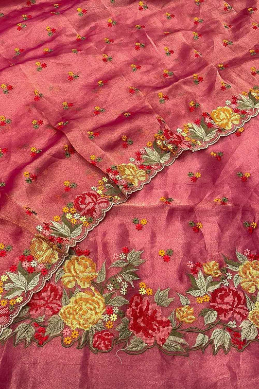 Elegant Pink Banarasi Embroidered Tissue Silk Suit Set