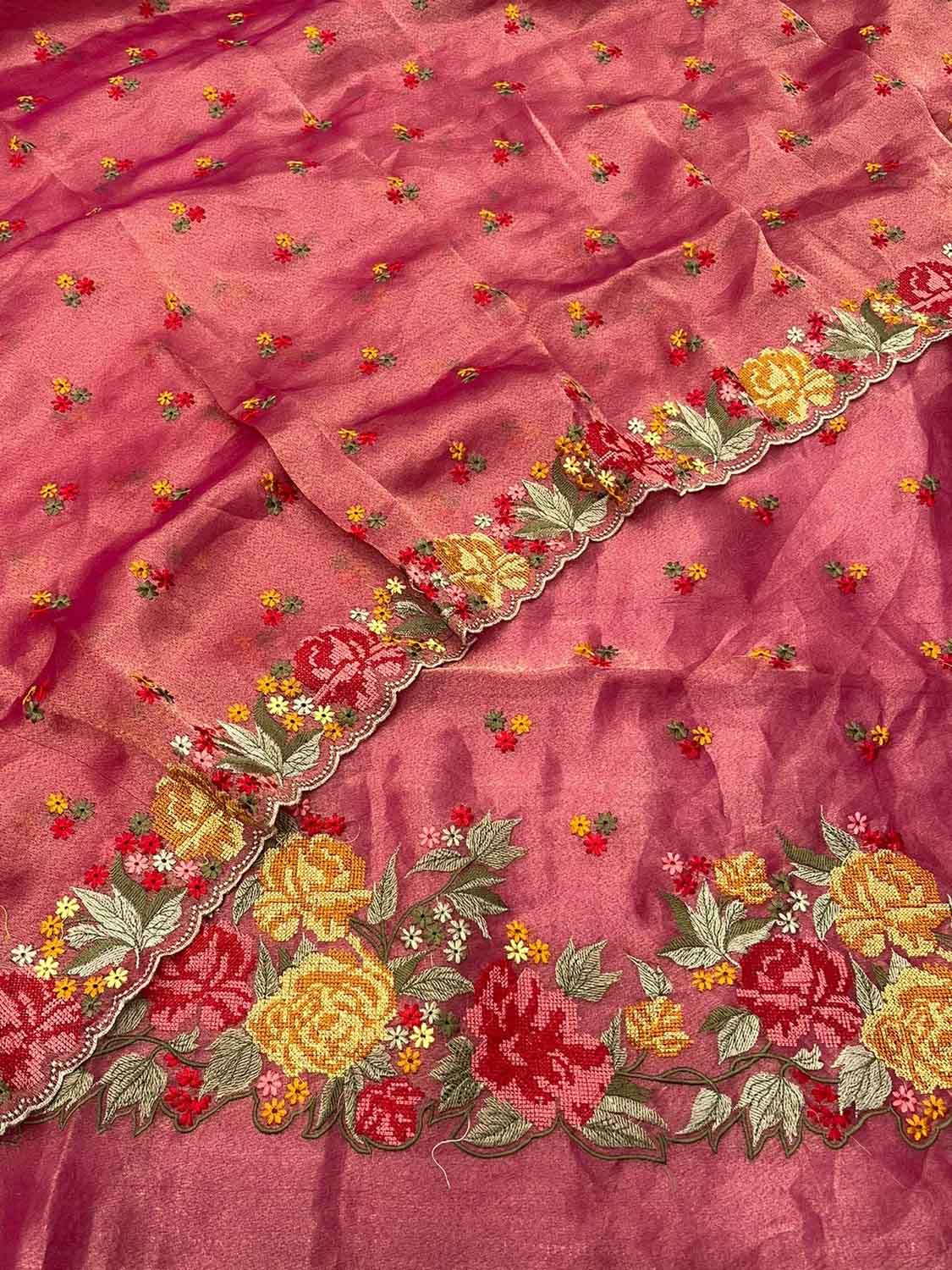 Elegant Pink Banarasi Embroidered Tissue Silk Suit Set - Luxurion World