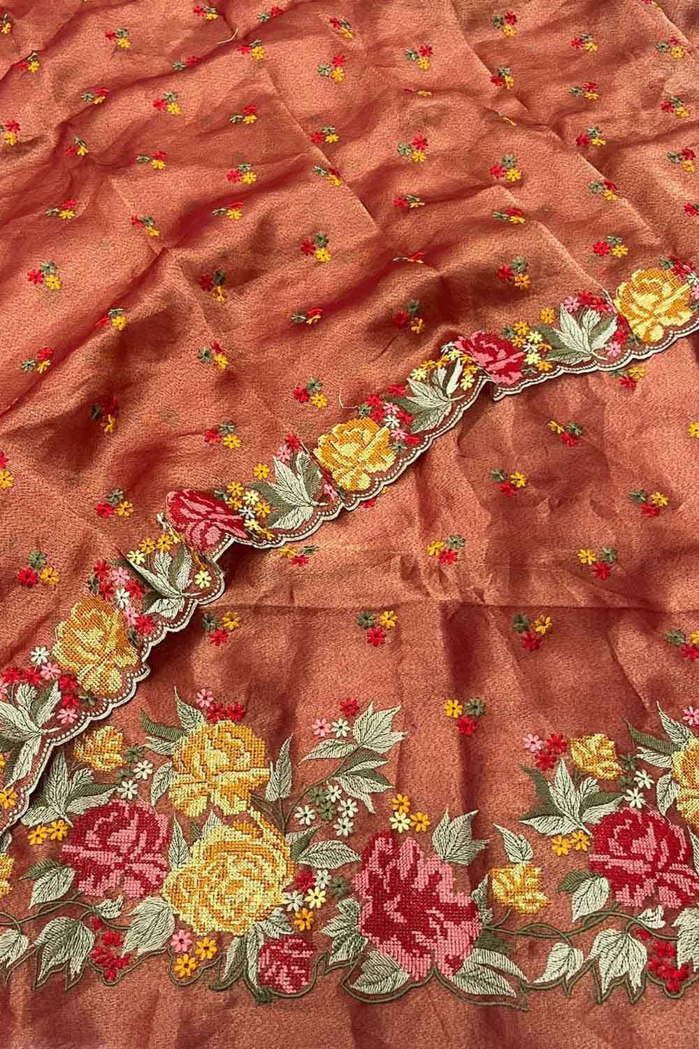 Orange Banarasi Embroidered Tissue Silk Three Piece Unstitched Suit - Luxurion World