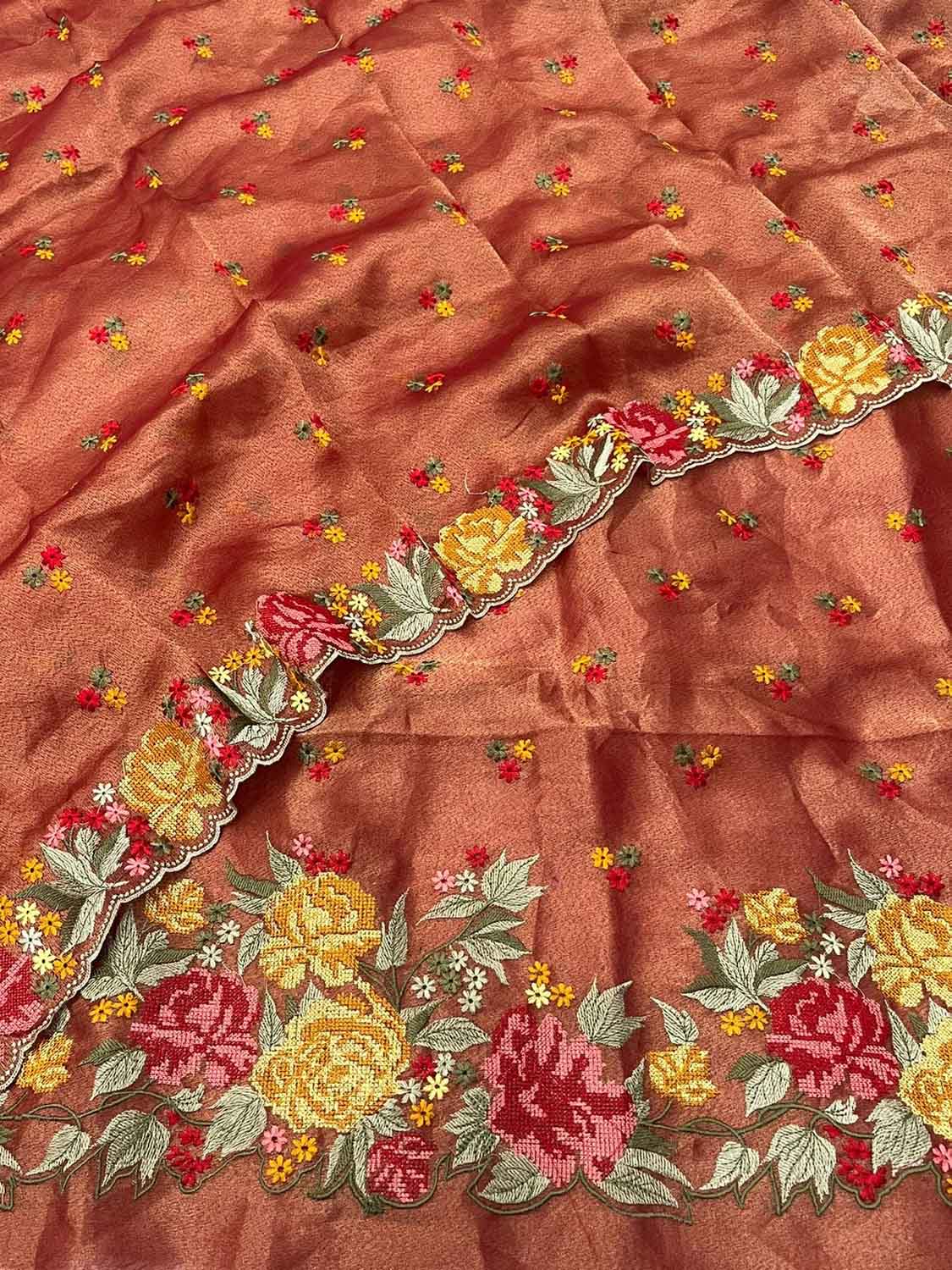 Orange Banarasi Embroidered Tissue Silk Three Piece Unstitched Suit - Luxurion World