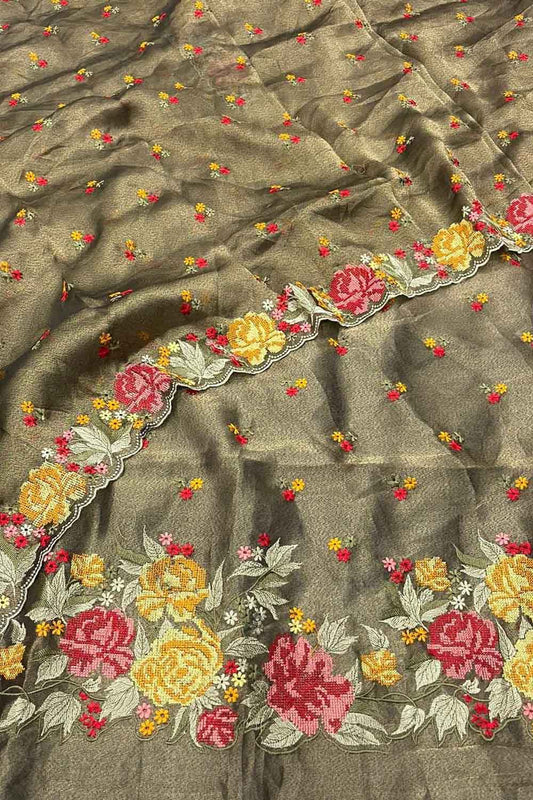 Elegant Grey Banarasi Embroidered Tissue Silk Suit Set