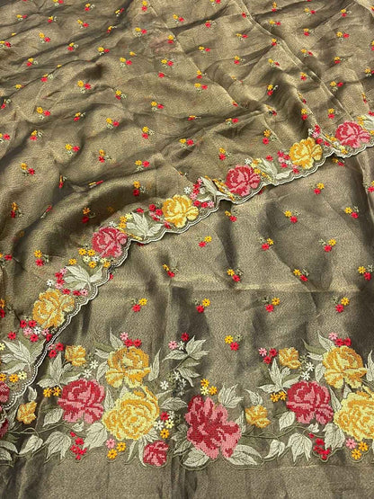 Elegant Grey Banarasi Embroidered Tissue Silk Suit Set - Luxurion World