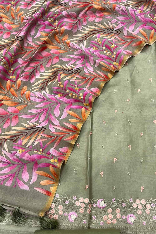 Stunning Green Banarasi Chanderi Silk Suit with Digital Printed Dupatta - Luxurion World