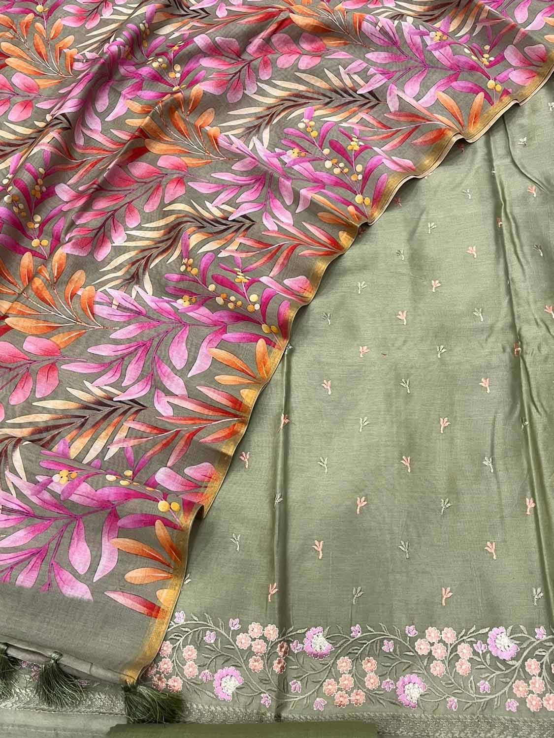 Stunning Green Banarasi Chanderi Silk Suit with Digital Printed Dupatta - Luxurion World