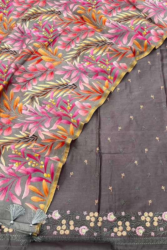 Elegant Grey Banarasi Chanderi Silk Suit with Digital Printed Dupatta - Luxurion World