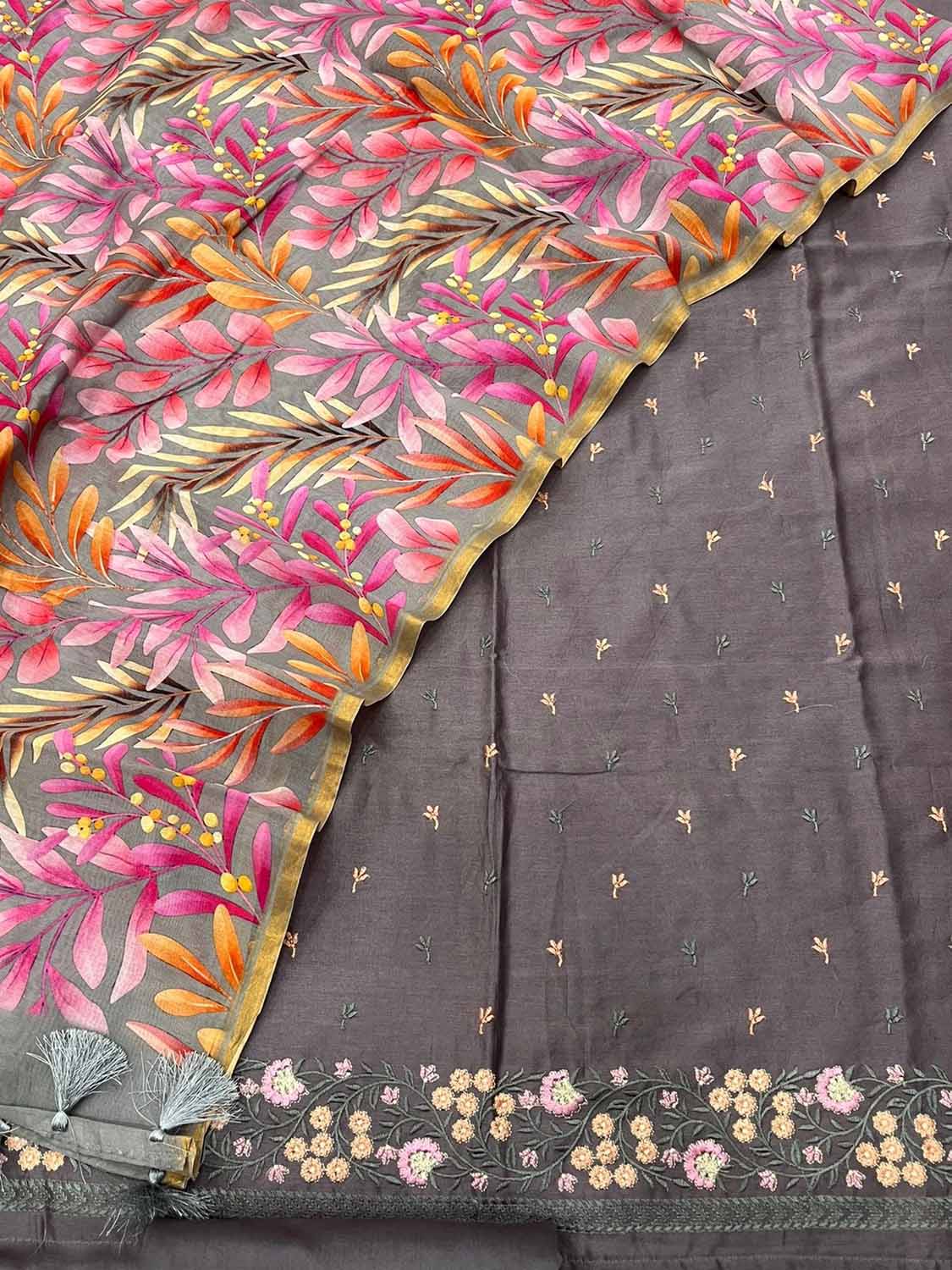 Elegant Grey Banarasi Chanderi Silk Suit with Digital Printed Dupatta - Luxurion World