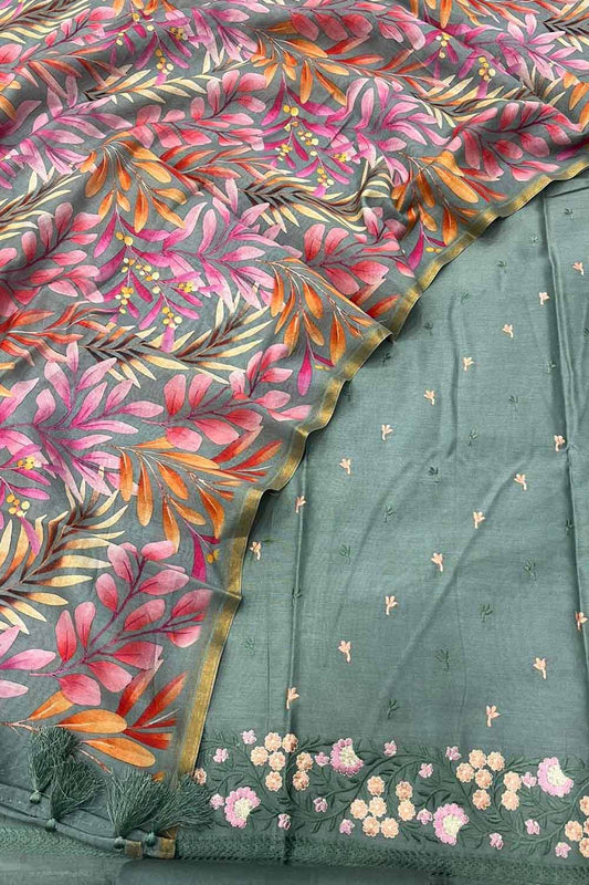 Green Banarasi Chanderi Silk 3-Piece Suit with Printed Dupatta - Luxurion World