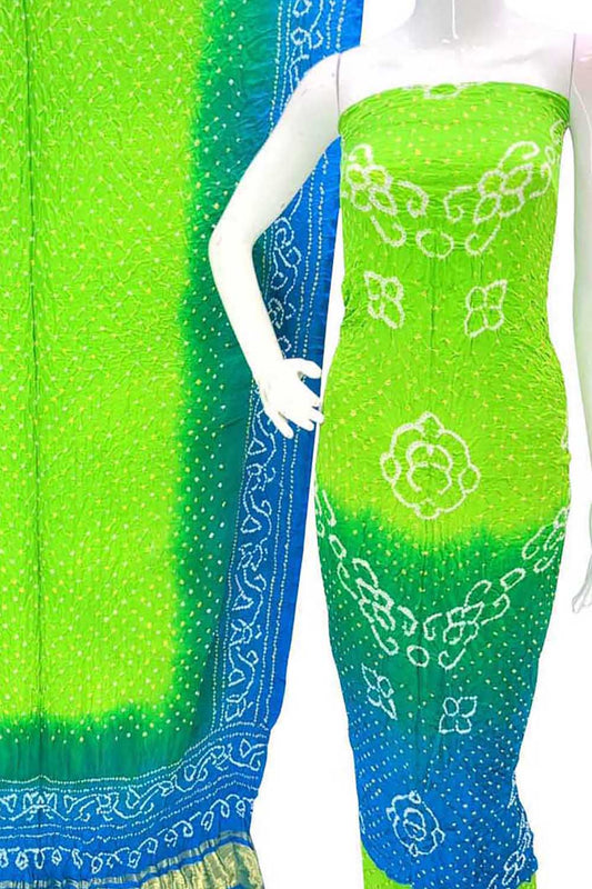 Green And Blue Bandhani Pure Gajji Silk Unstitched Suit - Luxurion World