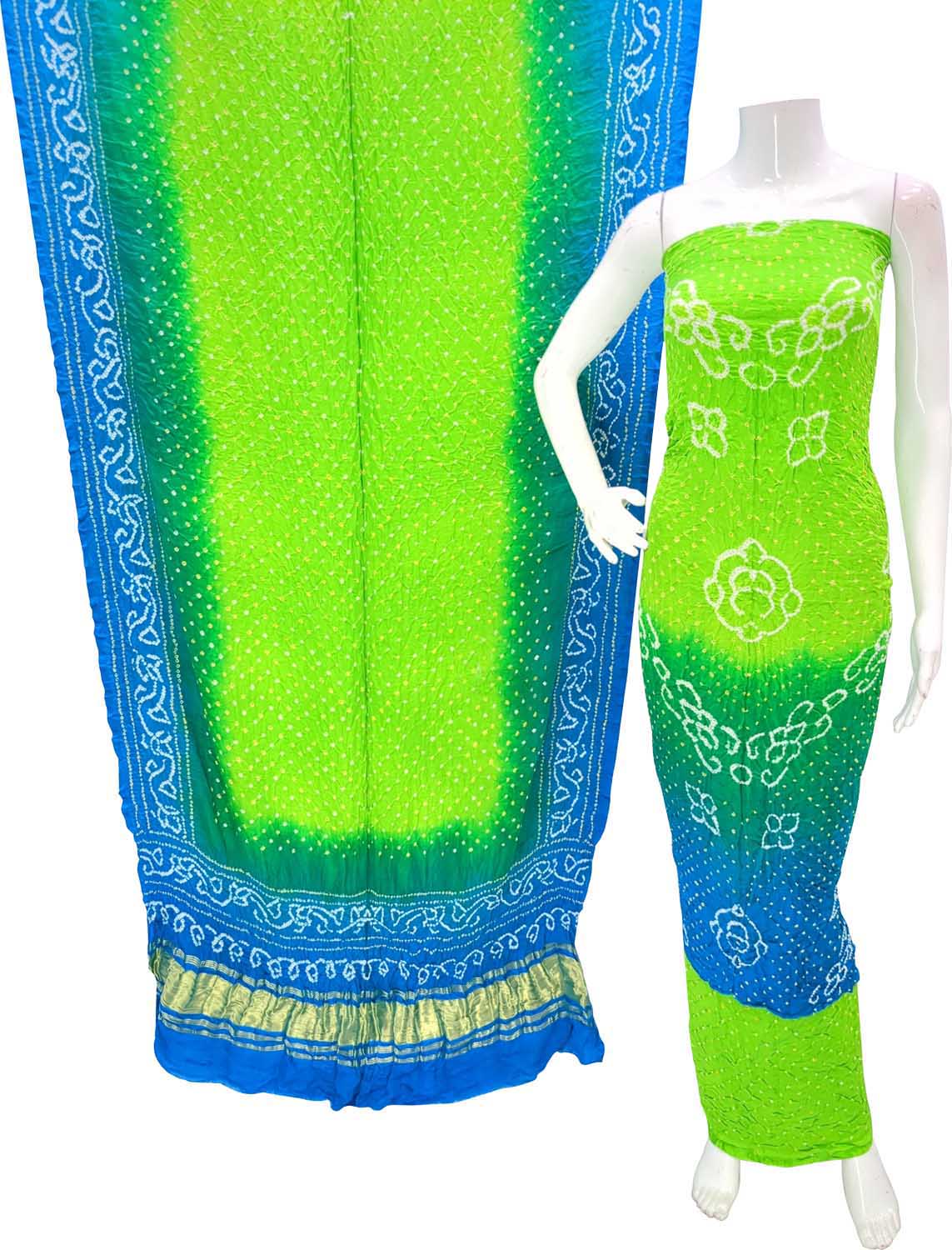 Green And Blue Bandhani Pure Gajji Silk Unstitched Suit