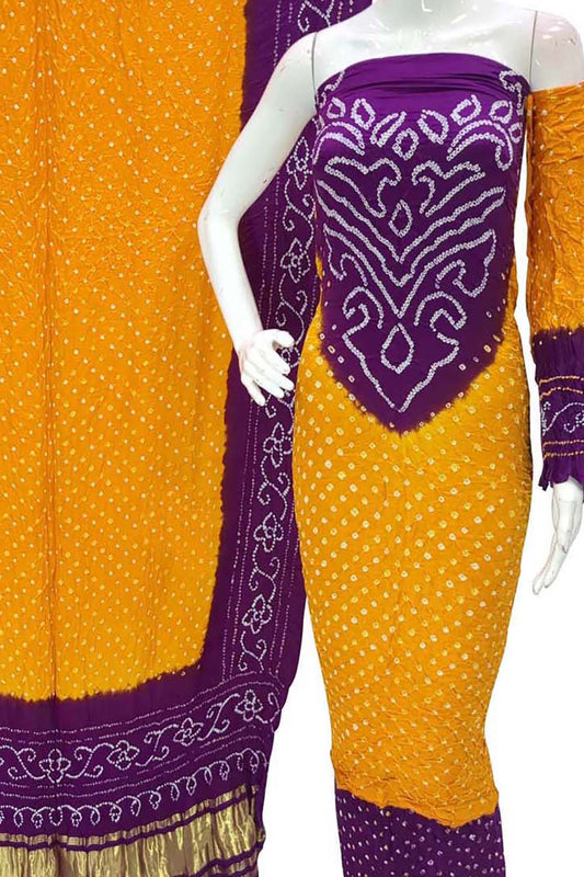 Yellow And Purple Bandhani Pure Gajji Silk Unstitched Suit - Luxurion World