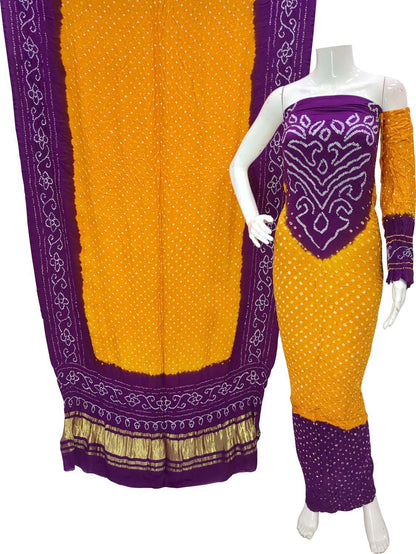 Yellow And Purple Bandhani Pure Gajji Silk Unstitched Suit - Luxurion World