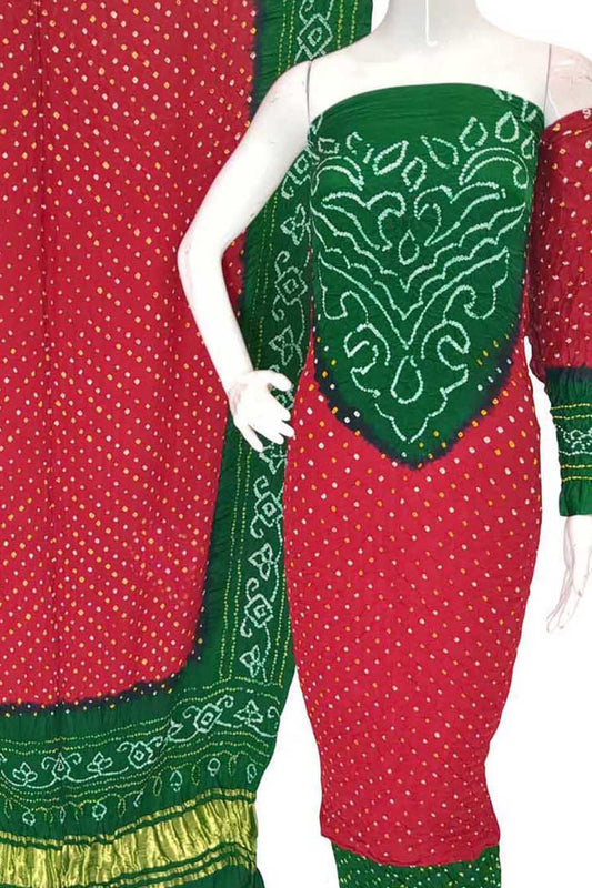 Red And Green Bandhani Pure Gajji Silk Unstitched Suit - Luxurion World