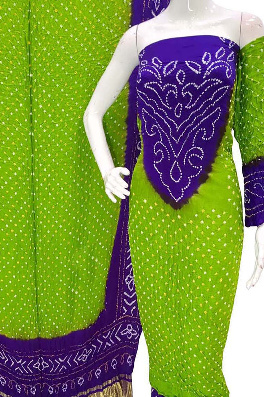 Green And Purple Bandhani Pure Gajji Silk Unstitched Suit - Luxurion World