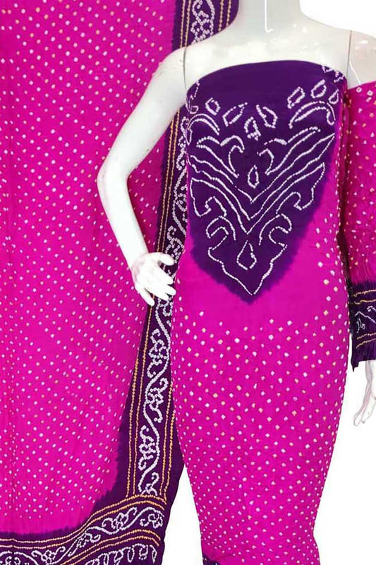 Pink And Purple Bandhani Pure Gajji Silk Unstitched Suit - Luxurion World