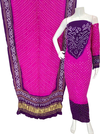Pink And Purple Bandhani Pure Gajji Silk Unstitched Suit - Luxurion World