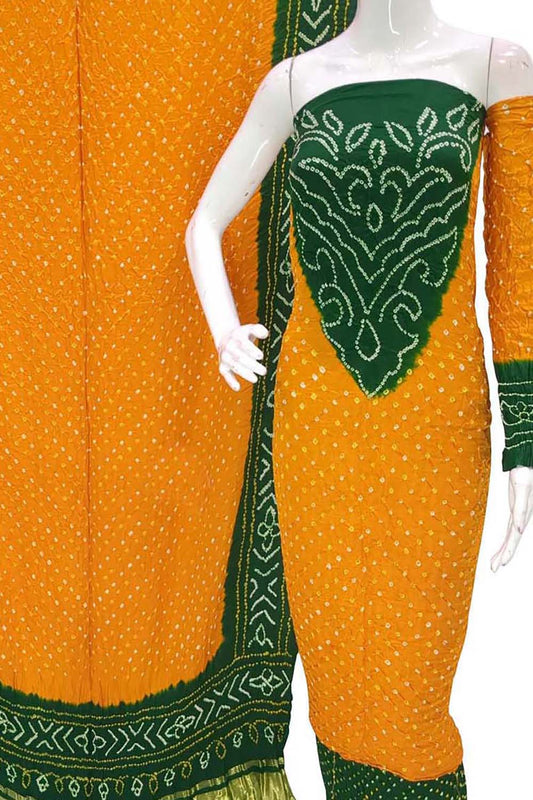 Yellow And Green Bandhani Pure Gajji Silk Unstitched Suit - Luxurion World