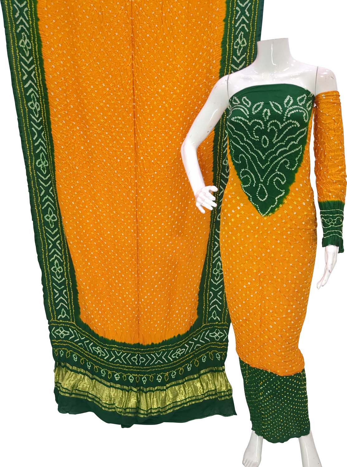 Yellow And Green Bandhani Pure Gajji Silk Unstitched Suit - Luxurion World