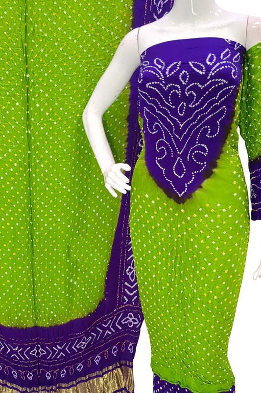 Green And Purple Bandhani Pure Gajji Silk Unstitched Suit - Luxurion World